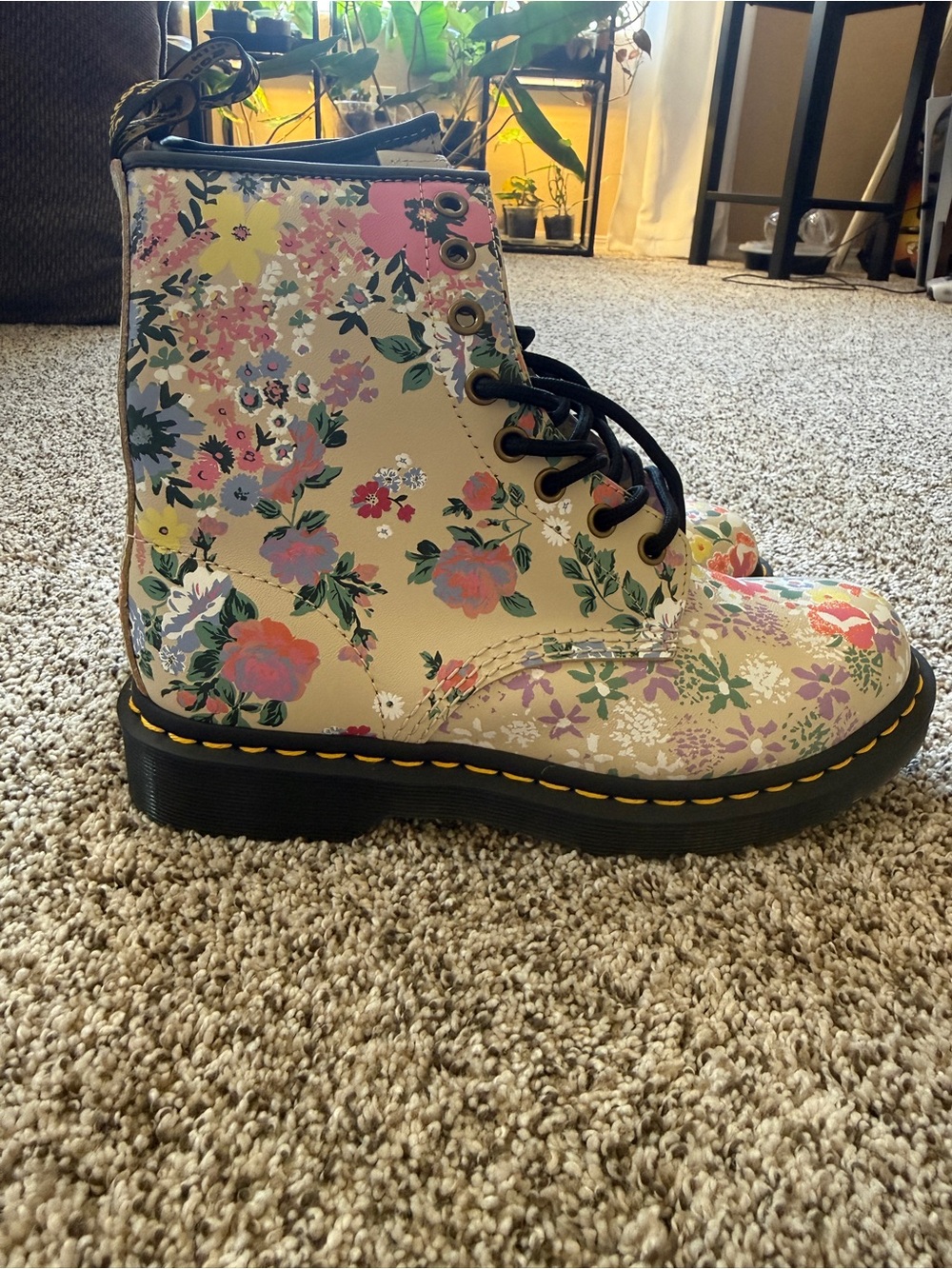 Dr. Martens Floral Lace-Up Boots in Cream, Pink, Yellow